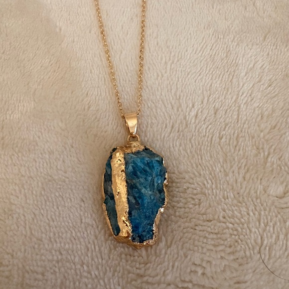 Blue Apatite Crystal Necklace | Gold Trim | 16–18” Stainless Steel Chain | - Picture 2 of 3